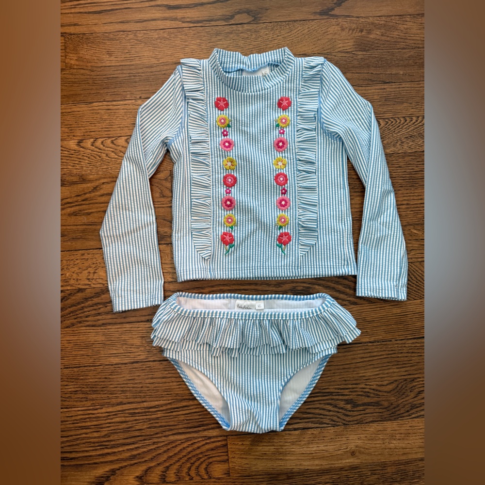 Boden Light Blue Seersucker Floral Rashgaurd Set - Size 2-3y